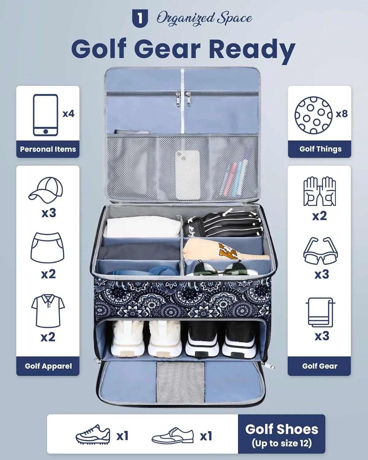 Golf Trunk Organizer for Golf Shoes Clothes Gloves Hats Large Collapsible Golf Storage Box with 4 Dividers Water-Resistant Golf Shoe Bag for 2 Pair of Shoes Golfing Accessories for Men Women Golfers