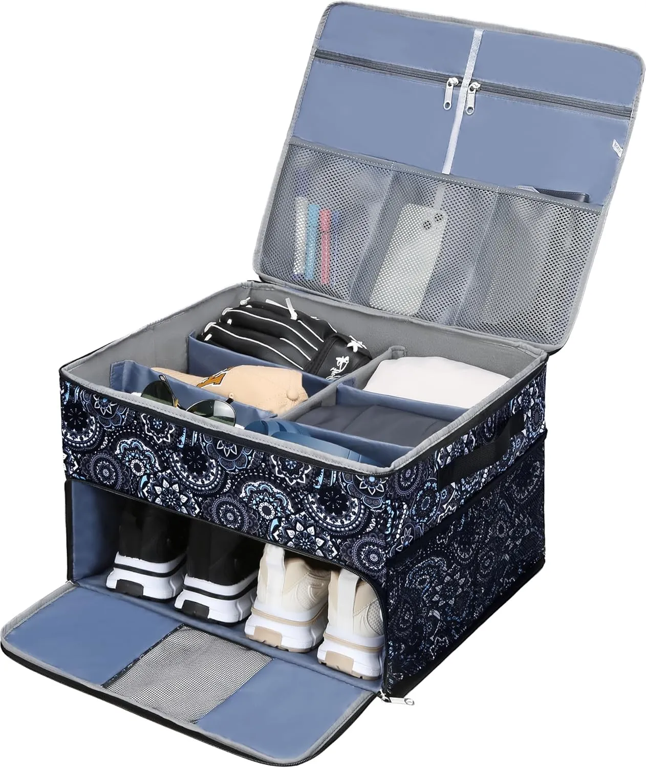 Golf Trunk Organizer for Golf Shoes Clothes Gloves Hats Large Collapsible Golf Storage Box with 4 Dividers Water-Resistant Golf Shoe Bag for 2 Pair of Shoes Golfing Accessories for Men Women Golfers