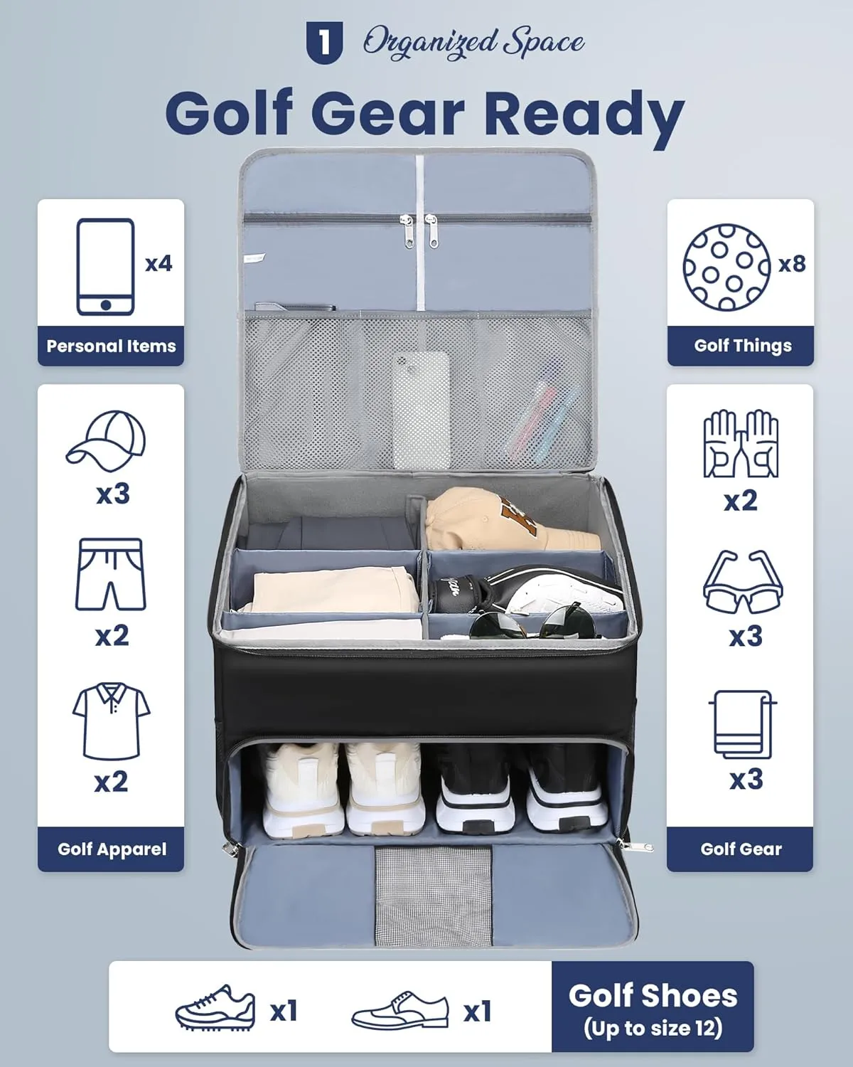 Golf Trunk Organizer for Golf Shoes Clothes Gloves Hats Large Collapsible Golf Storage Box with 4 Dividers Water-Resistant Golf Shoe Bag for 2 Pair of Shoes Golfing Accessories for Men Women Golfers