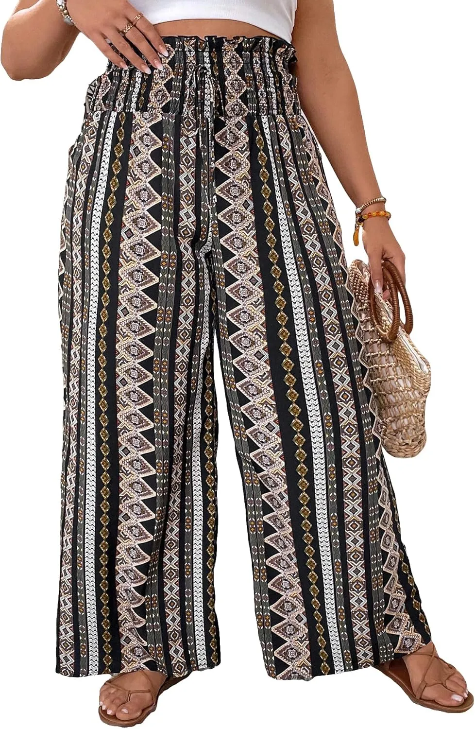 GORGLITTER Women's Plus Size Wide Leg Boho Pants Paperbag Geo Print Pants Shirred Beach Pants