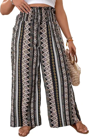 GORGLITTER Women's Plus Size Wide Leg Boho Pants Paperbag Geo Print Pants Shirred Beach Pants