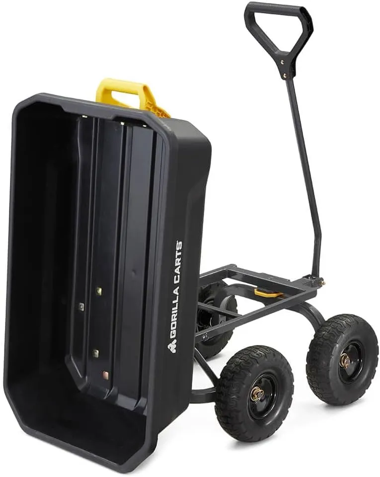 Gorilla Carts Heavy-Duty Dump Cart, Patented Quick-Release Dumping, Steel Frame, 600 lb Capacity, No-Flat 10-Inch Tires, Utility Wagon for Garden, Yard, Beach