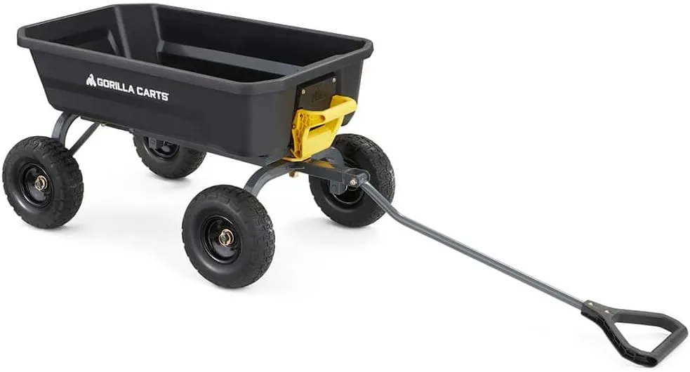 Gorilla Carts Heavy-Duty Dump Cart, Patented Quick-Release Dumping, Steel Frame, 600 lb Capacity, No-Flat 10-Inch Tires, Utility Wagon for Garden, Yard, Beach