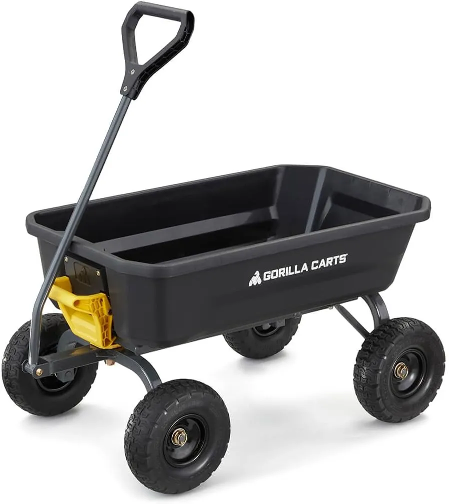 Gorilla Carts Heavy-Duty Dump Cart, Patented Quick-Release Dumping, Steel Frame, 600 lb Capacity, No-Flat 10-Inch Tires, Utility Wagon for Garden, Yard, Beach