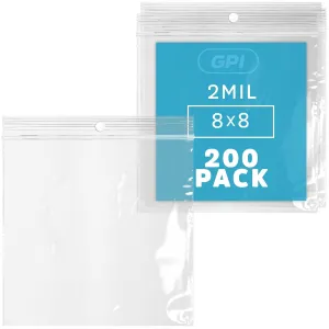GPI - 8" x 8" - Bulk Pack 200, 2 Mil Thick, Clear Plastic Reclosable Zip Bags, Hang Hole for Display, Durable Poly Baggies with Resealable Zip Top Lock for Storage, Packaging & Shipping