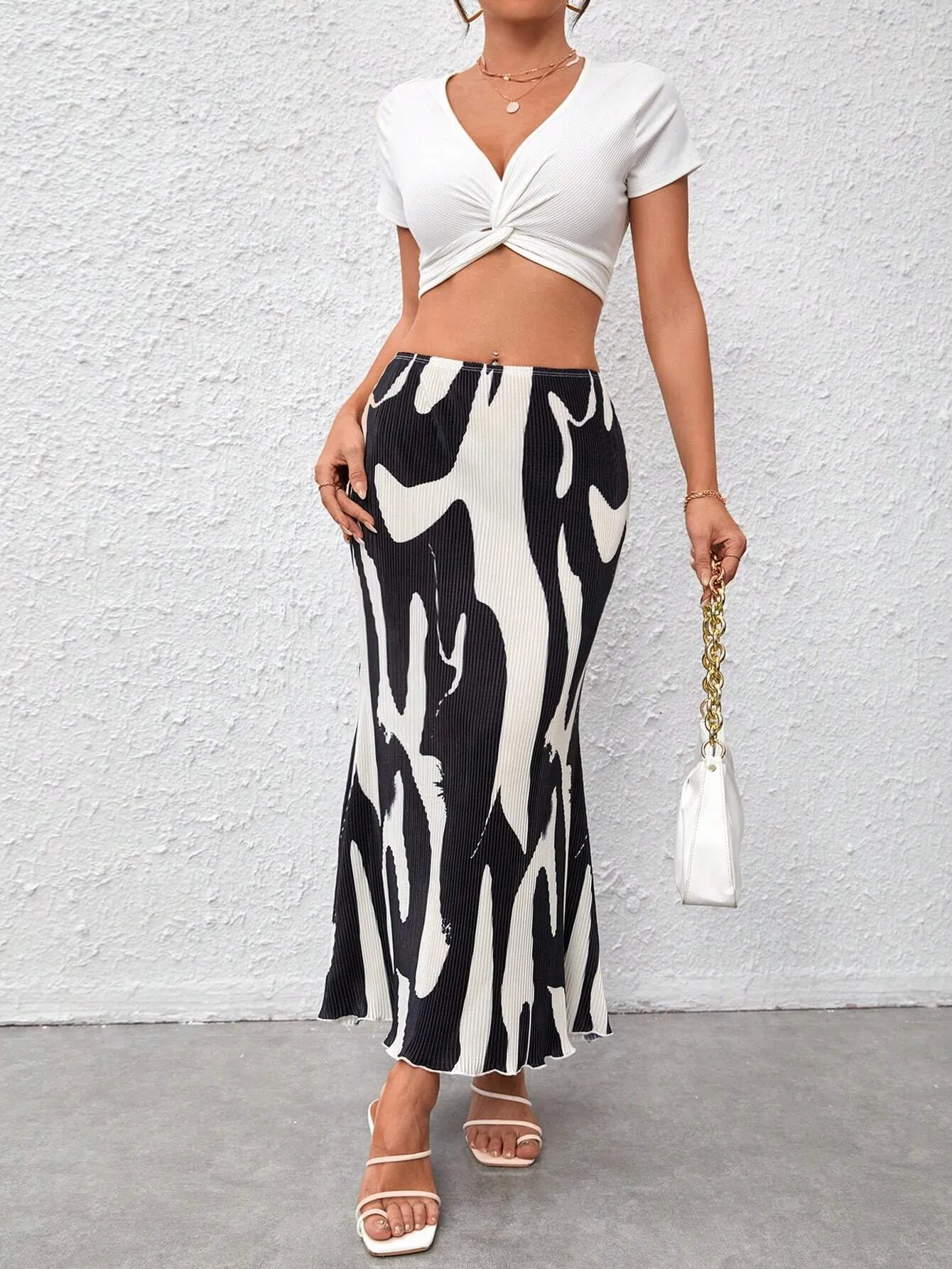 Graphic Print Plisse Long Skirt