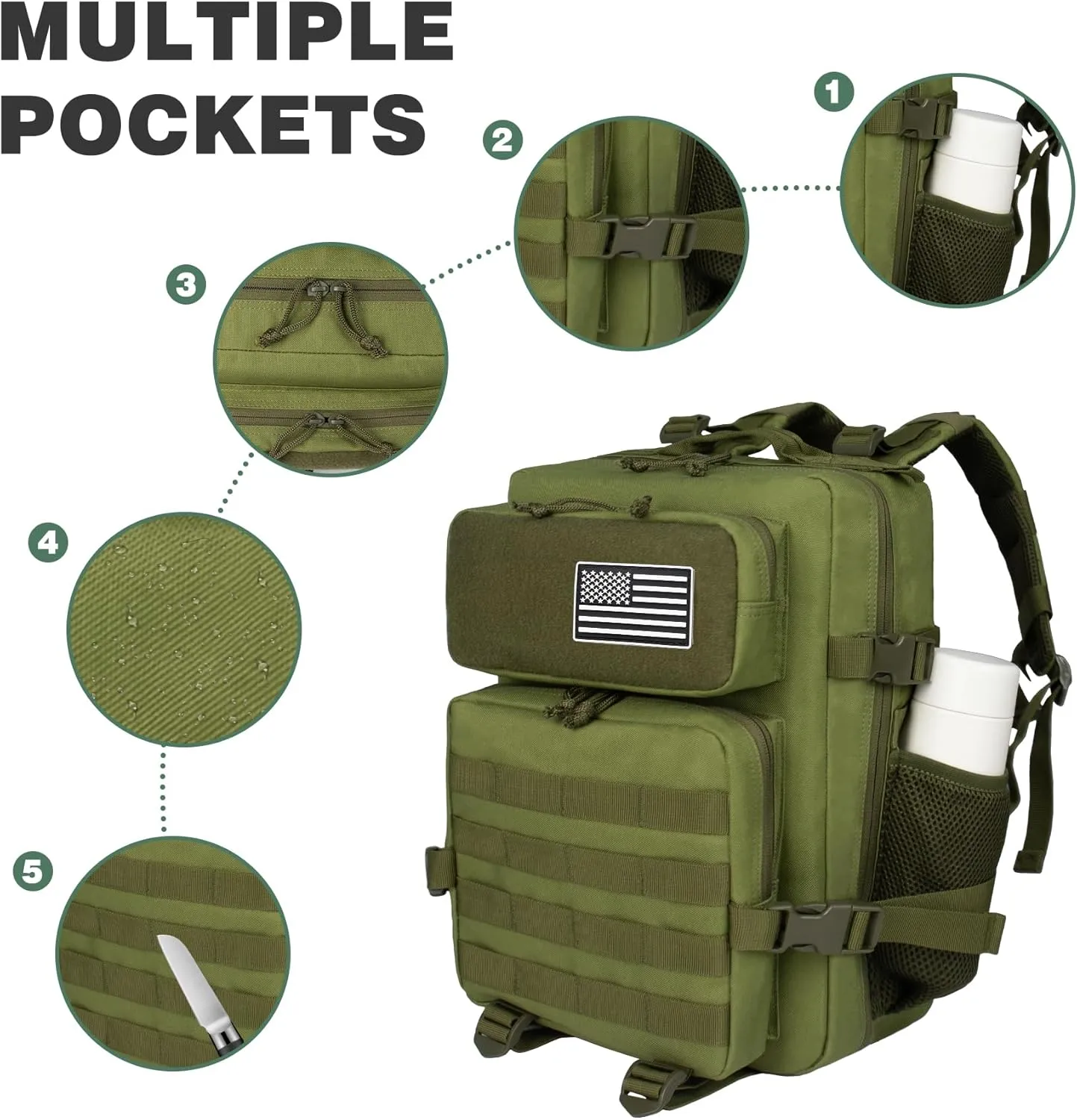 Green 25L Military Tactical Backpack for Travel Hiking, Backpack for Men with Bottle Holder, Small Laptop Backpack for Work, Men's Assault Bag Back Pack