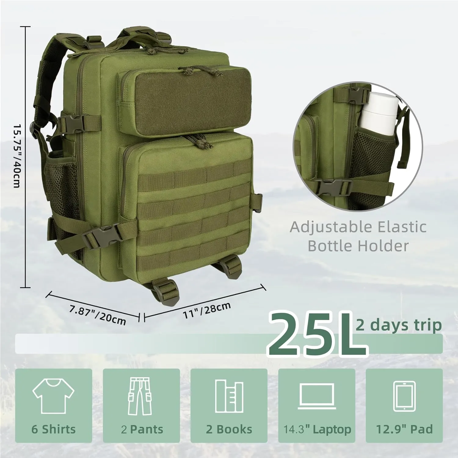 Green 25L Military Tactical Backpack for Travel Hiking, Backpack for Men with Bottle Holder, Small Laptop Backpack for Work, Men's Assault Bag Back Pack