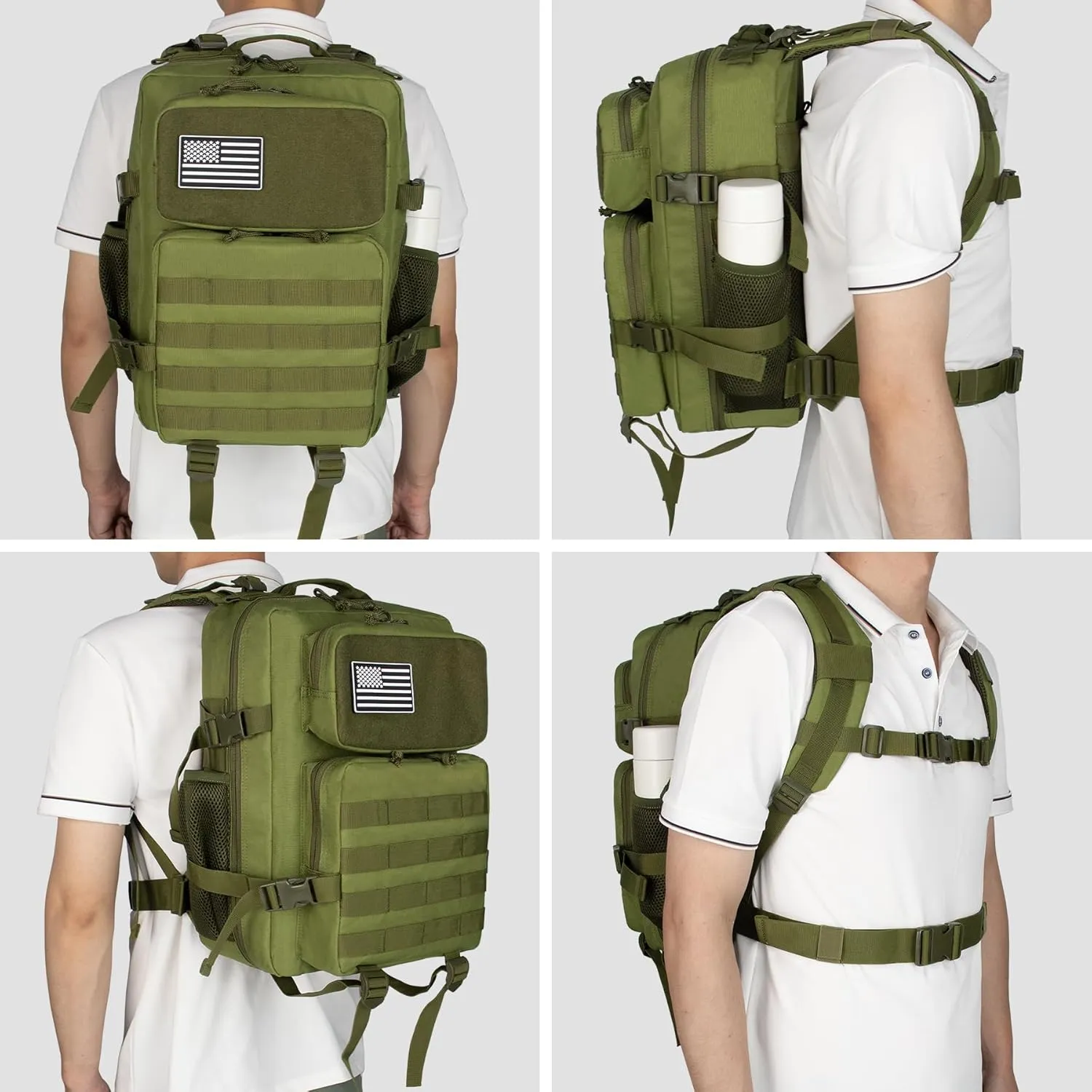 Green 25L Military Tactical Backpack for Travel Hiking, Backpack for Men with Bottle Holder, Small Laptop Backpack for Work, Men's Assault Bag Back Pack
