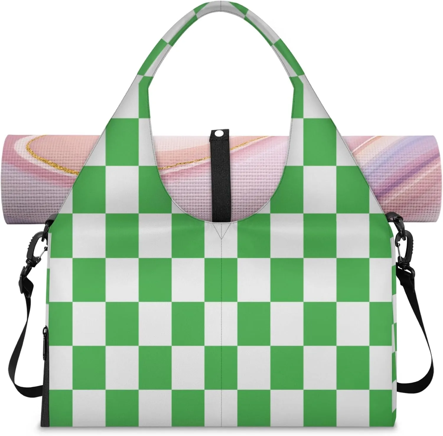 Green White Checkered Pattern Waterproof Gym Bag for Men Women, Sports Duffel Bag with Shoe Compartment Yoga Mat Holder, Portable Large Travel Bag for Fitness, Camping, Weekend Trips