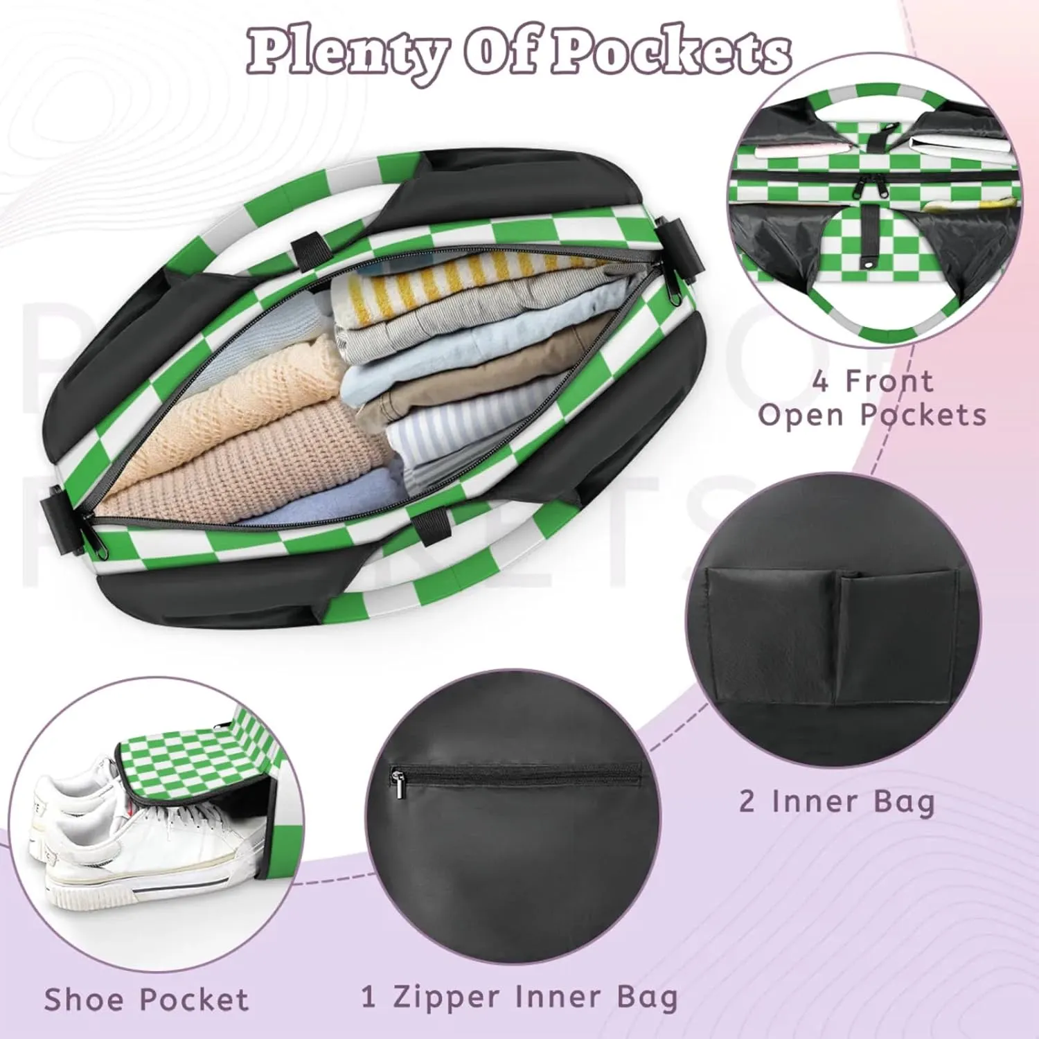 Green White Checkered Pattern Waterproof Gym Bag for Men Women, Sports Duffel Bag with Shoe Compartment Yoga Mat Holder, Portable Large Travel Bag for Fitness, Camping, Weekend Trips