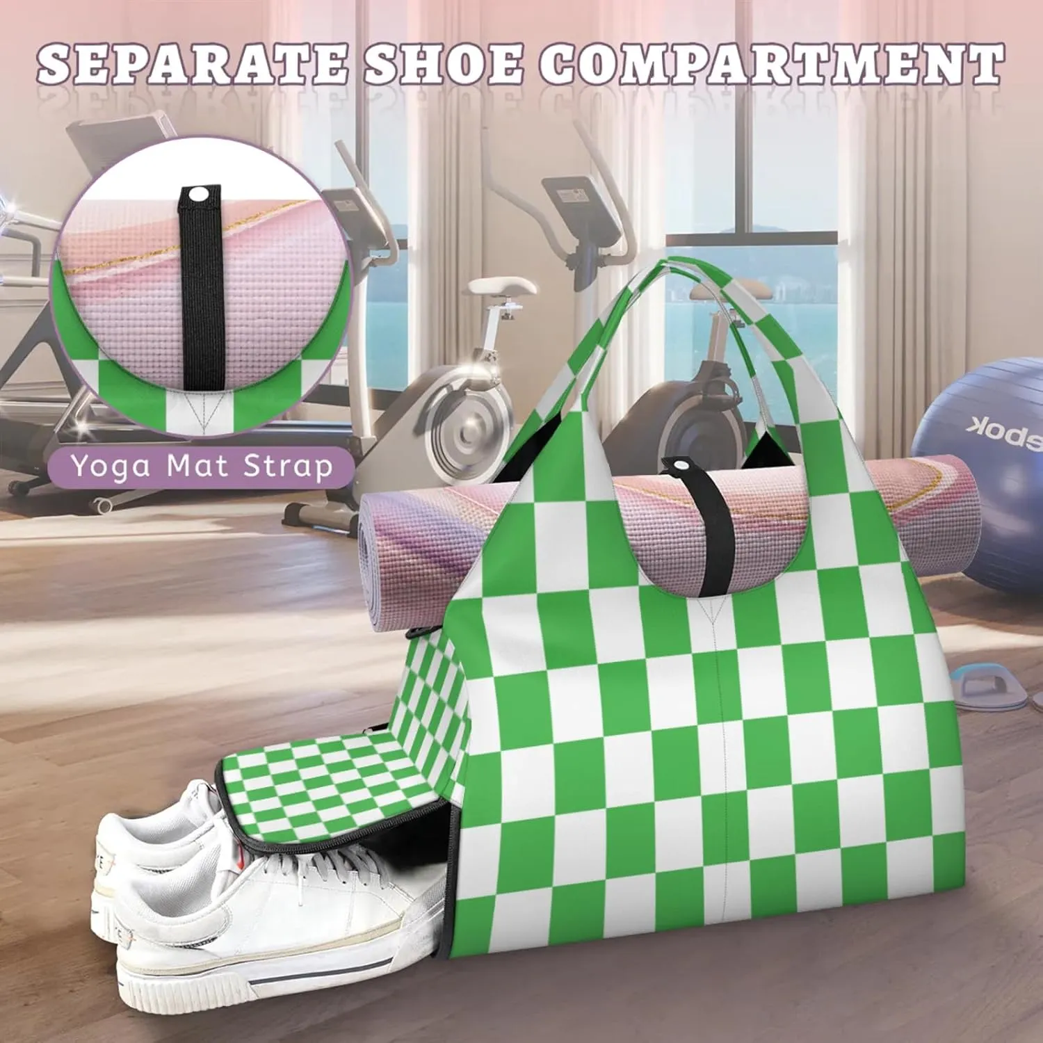 Green White Checkered Pattern Waterproof Gym Bag for Men Women, Sports Duffel Bag with Shoe Compartment Yoga Mat Holder, Portable Large Travel Bag for Fitness, Camping, Weekend Trips