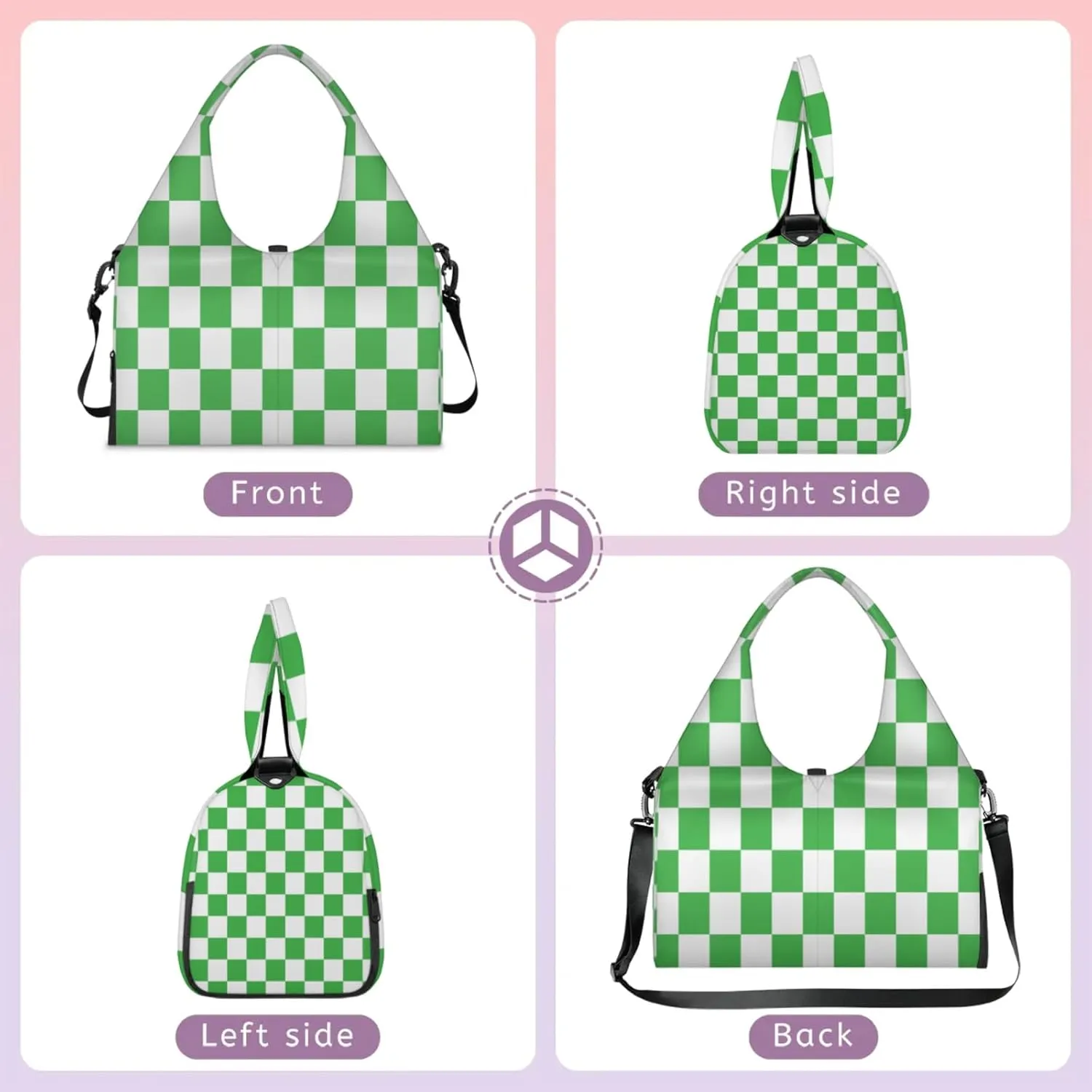 Green White Checkered Pattern Waterproof Gym Bag for Men Women, Sports Duffel Bag with Shoe Compartment Yoga Mat Holder, Portable Large Travel Bag for Fitness, Camping, Weekend Trips