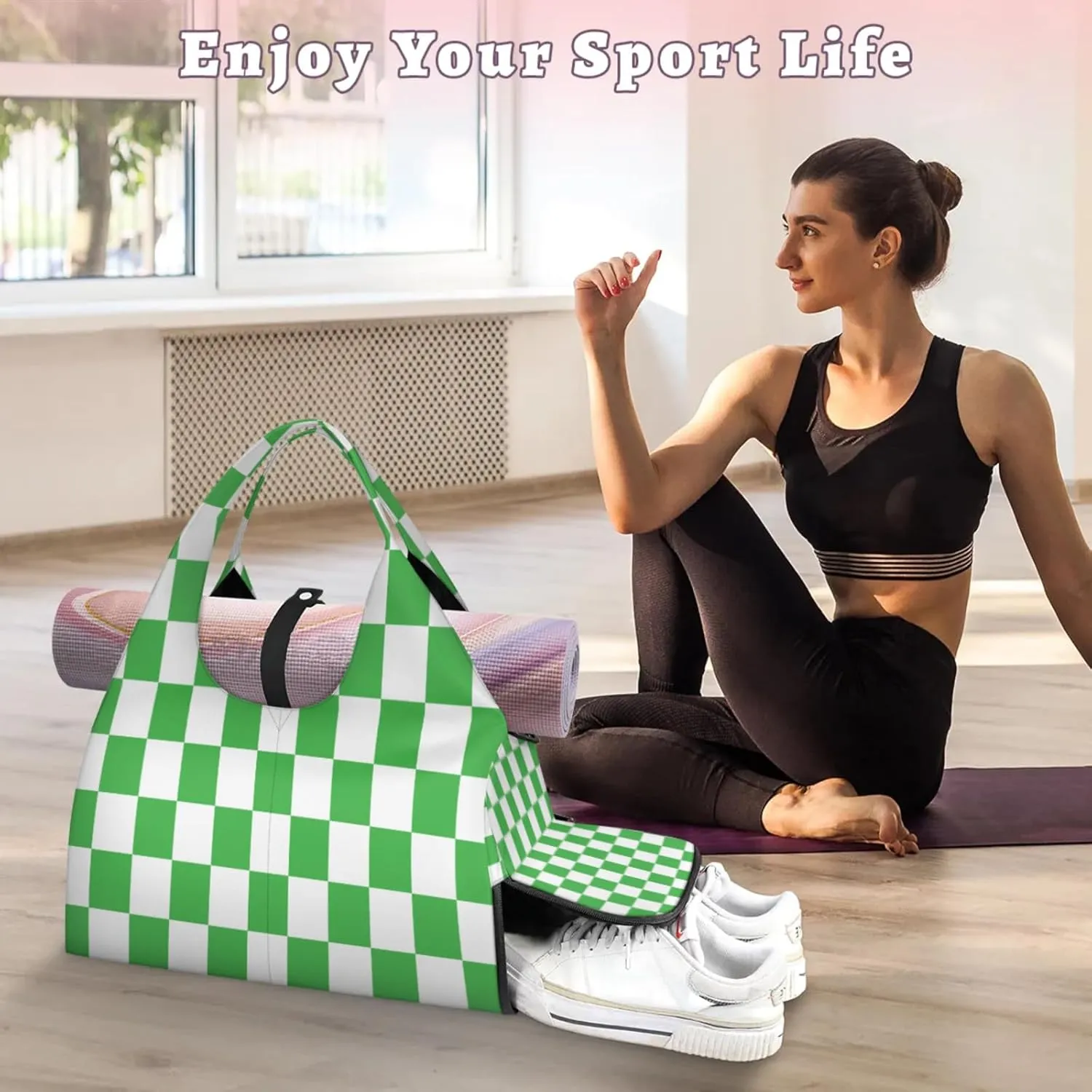 Green White Checkered Pattern Waterproof Gym Bag for Men Women, Sports Duffel Bag with Shoe Compartment Yoga Mat Holder, Portable Large Travel Bag for Fitness, Camping, Weekend Trips