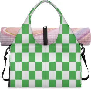 Green White Checkered Pattern Waterproof Gym Bag for Men Women, Sports Duffel Bag with Shoe Compartment Yoga Mat Holder, Portable Large Travel Bag for Fitness, Camping, Weekend Trips