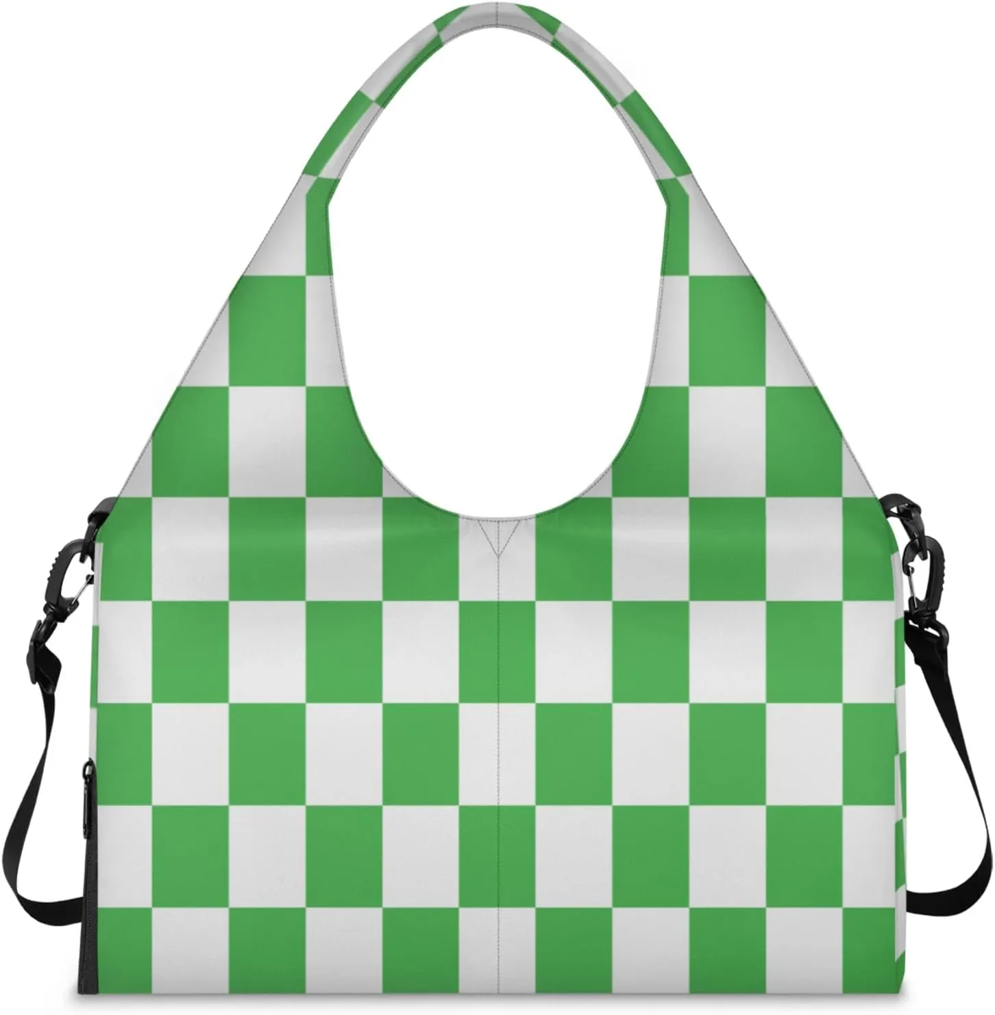 Green White Checkered Pattern Waterproof Gym Bag for Men Women, Sports Duffel Bag with Shoe Compartment Yoga Mat Holder, Portable Large Travel Bag for Fitness, Camping, Weekend Trips