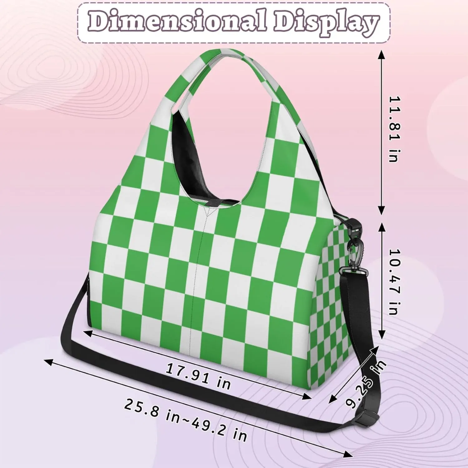 Green White Checkered Pattern Waterproof Gym Bag for Men Women, Sports Duffel Bag with Shoe Compartment Yoga Mat Holder, Portable Large Travel Bag for Fitness, Camping, Weekend Trips
