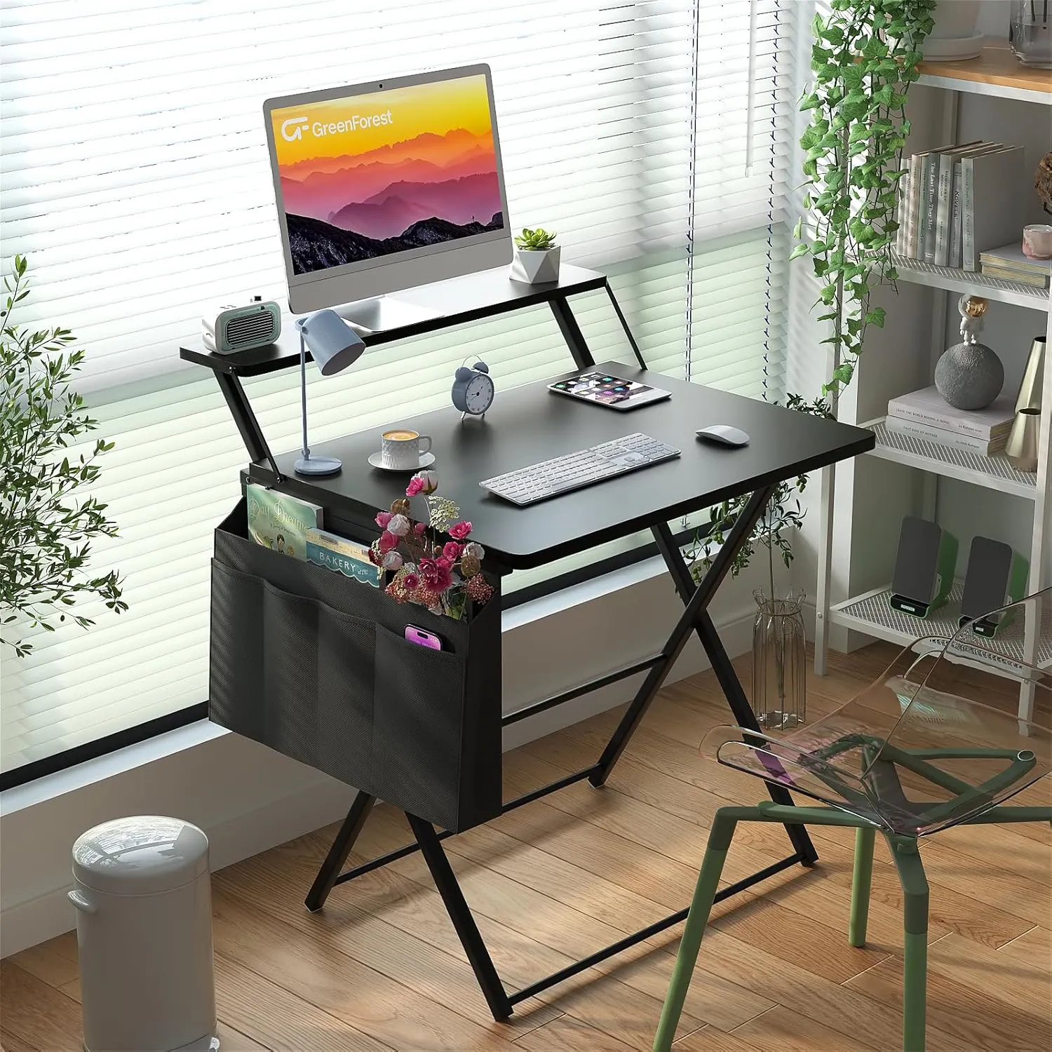 GreenForest Folding Desk for Small Spaces, 31.5 inch Foldable Table with Storage Bag, 2-Tier Portable Computer Desk with Monitor Stand for Home Bedroom, Black