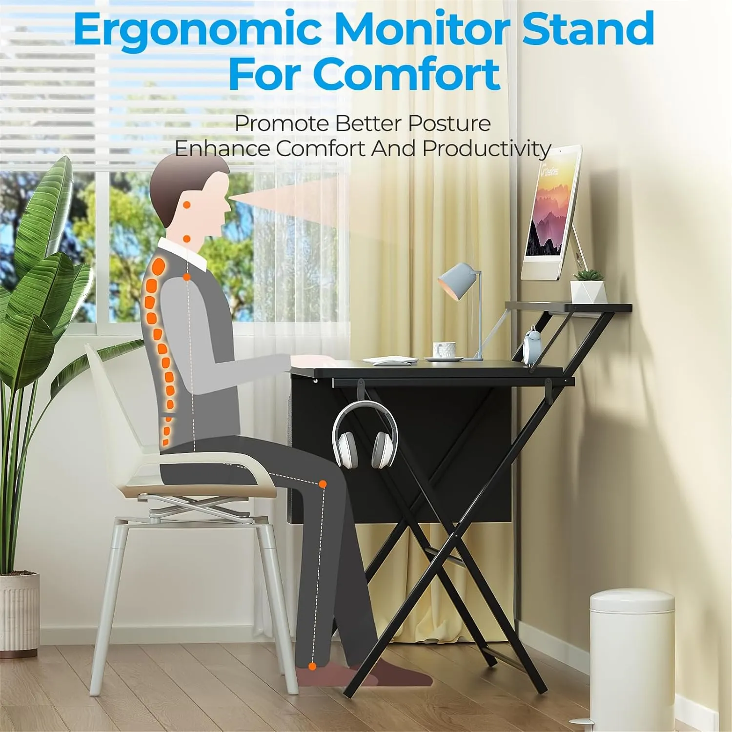 GreenForest Folding Desk for Small Spaces, 31.5 inch Foldable Table with Storage Bag, 2-Tier Portable Computer Desk with Monitor Stand for Home Bedroom, Black