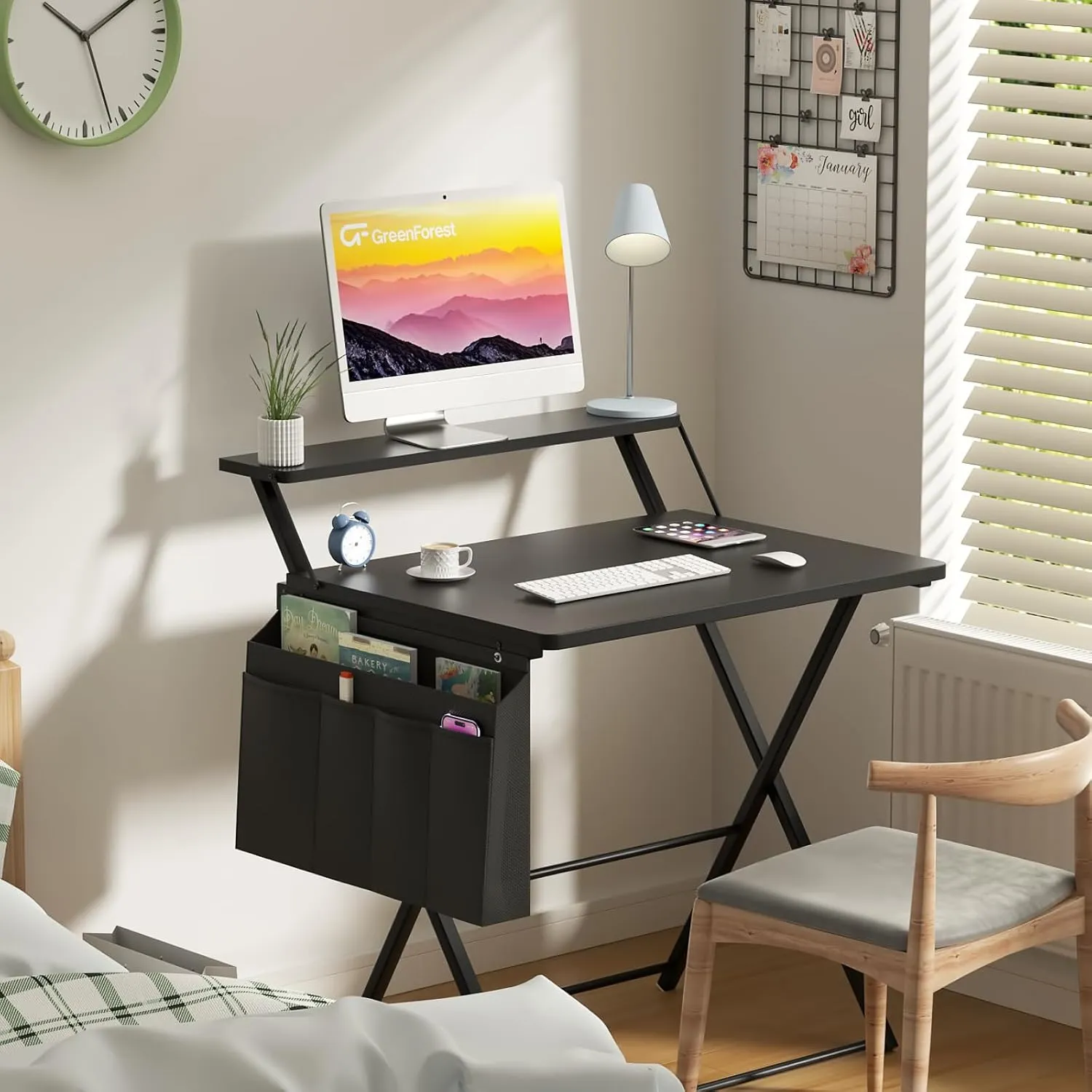 GreenForest Folding Desk for Small Spaces, 31.5 inch Foldable Table with Storage Bag, 2-Tier Portable Computer Desk with Monitor Stand for Home Bedroom, Black