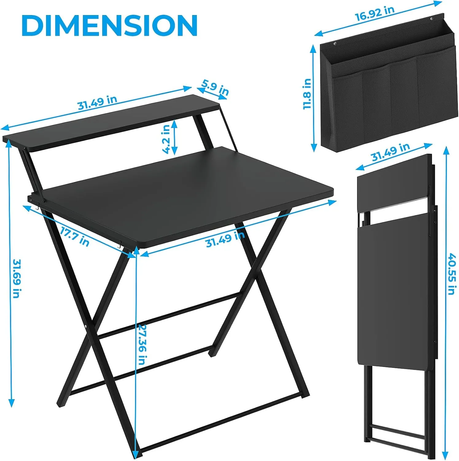 GreenForest Folding Desk for Small Spaces, 31.5 inch Foldable Table with Storage Bag, 2-Tier Portable Computer Desk with Monitor Stand for Home Bedroom, Black
