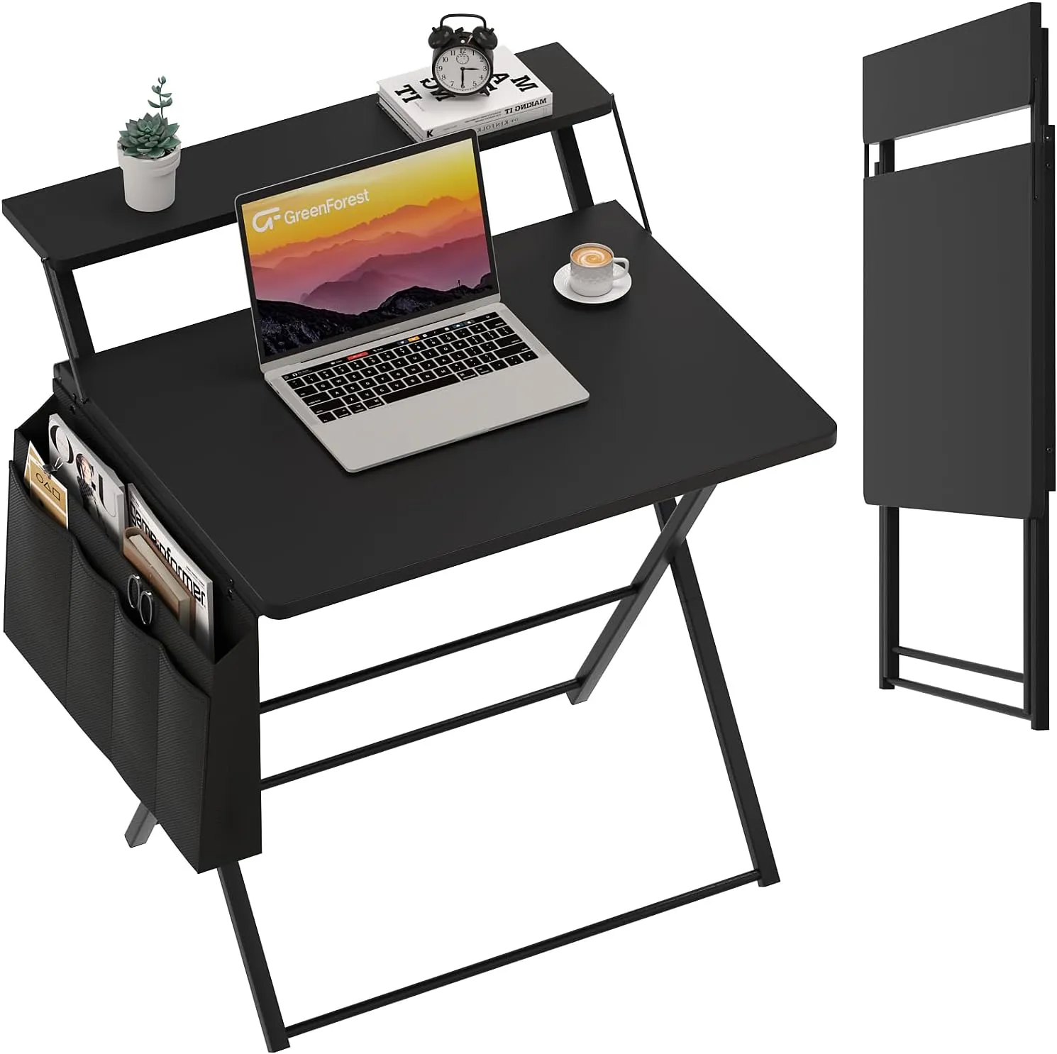GreenForest Folding Desk for Small Spaces, 31.5 inch Foldable Table with Storage Bag, 2-Tier Portable Computer Desk with Monitor Stand for Home Bedroom, Black