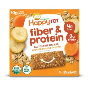 Happy Tot Organics Fiber & Protein Soft-Baked Oat Bars Organic Toddler Snack Banana & Carrot, 0.88 Ounce Bars, 5 Count Box (Pack of 6)