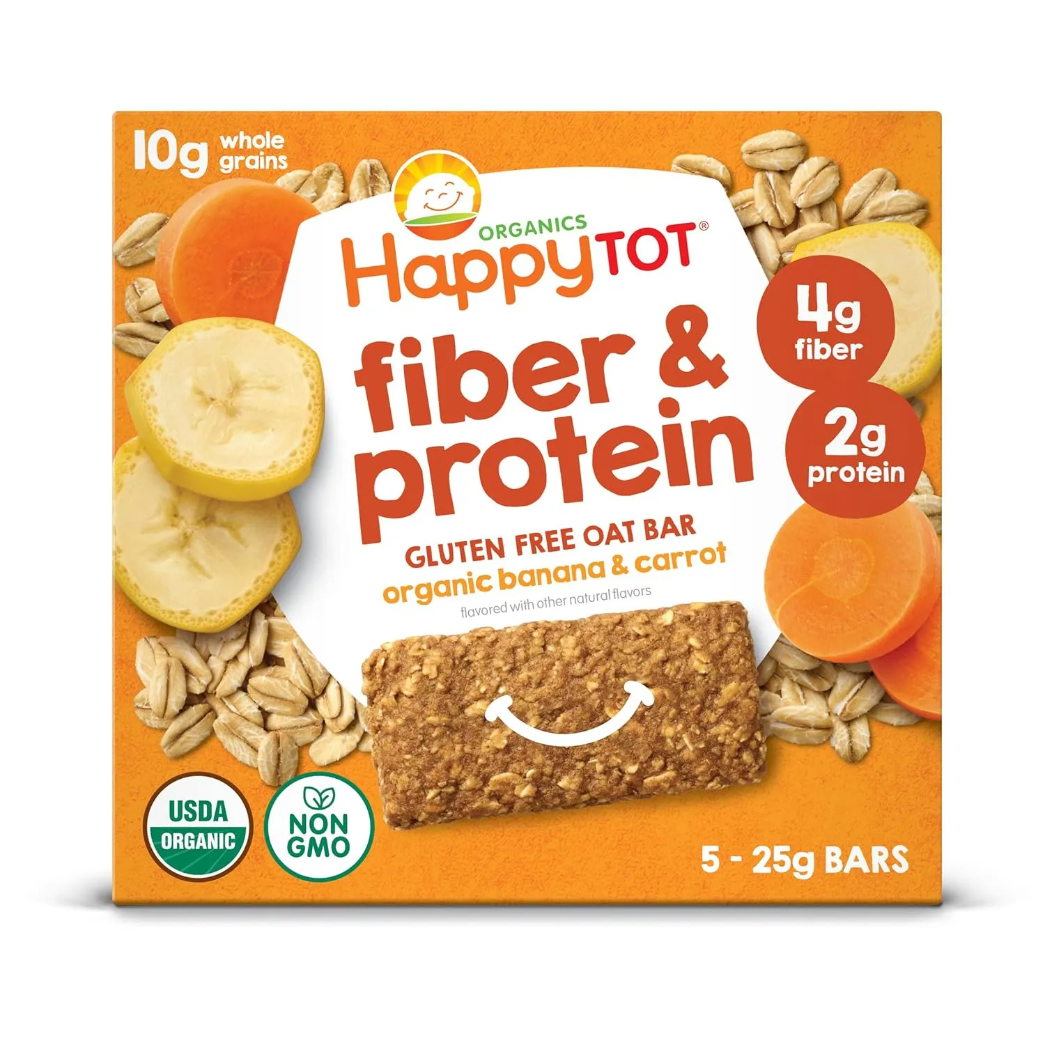 Happy Tot Organics Fiber & Protein Soft-Baked Oat Bars Organic Toddler Snack Banana & Carrot, 0.88 Ounce Bars, 5 Count Box (Pack of 6)