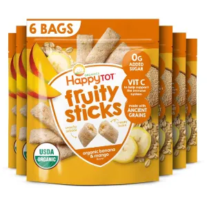 Happy Tot Organics Fruity Sticks, Oat & Fruit Filled Grain Sticks, Banana & Mango, Organic Toddler Snack, 2.5 Ounce Bag (Pack of 6)