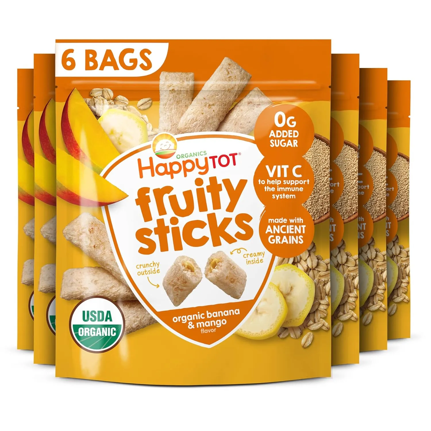 Happy Tot Organics Fruity Sticks, Oat & Fruit Filled Grain Sticks, Banana & Mango, Organic Toddler Snack, 2.5 Ounce Bag (Pack of 6)