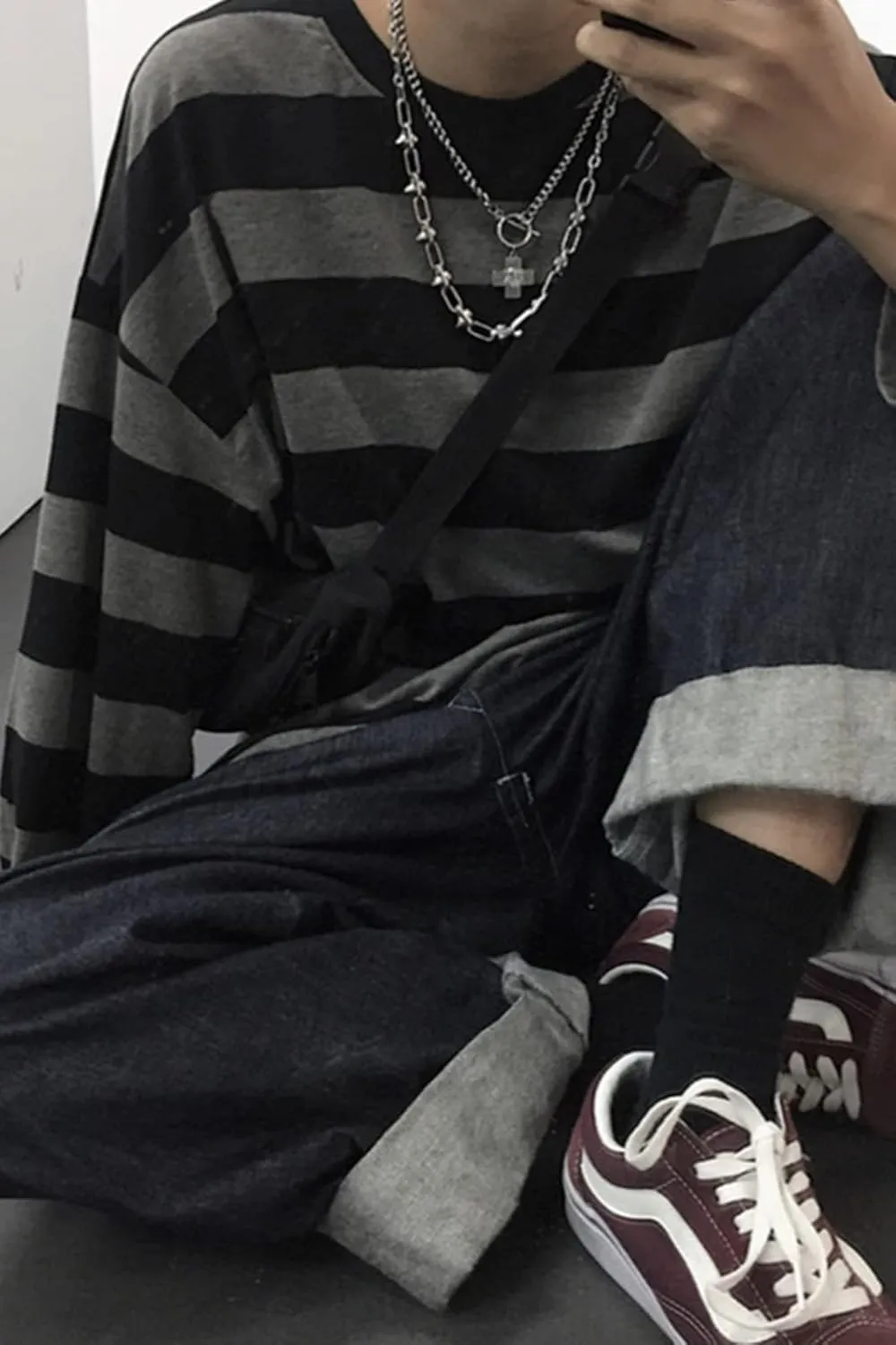Harajuku Oversized Striped T-Shirt Y2K Long Sleeve Crewneck Baggy Clothes Vintage Streetwear Pullover