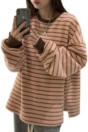 Harajuku Oversized Striped T-Shirt Y2K Long Sleeve Crewneck Baggy Clothes Vintage Streetwear Pullover
