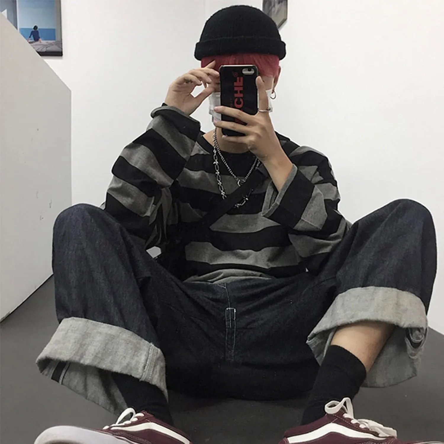 Harajuku Oversized Striped T-Shirt Y2K Long Sleeve Crewneck Baggy Clothes Vintage Streetwear Pullover
