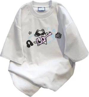 Harajuku Vintage Shirts for Women Cute Graffiti Cat Print T-Shirt Summer Oversized Graphic Tees Kawaii Clothes Y2K Tops