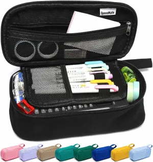 Heavy Duty Canvas Pencil Case Pouch Bag - Holds 50-100 Pencils - Large Big Capacity Aesthetic Pen Case School Supplies for Girls Boys Women Men Adults (Black)