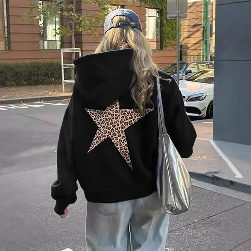 heyheyshine Star Graphic Hoodies Oversized Y2k Leopard Print Hooded Sweatshirt Cheetah Hoodie Streetwear Unisex Pullover Tops