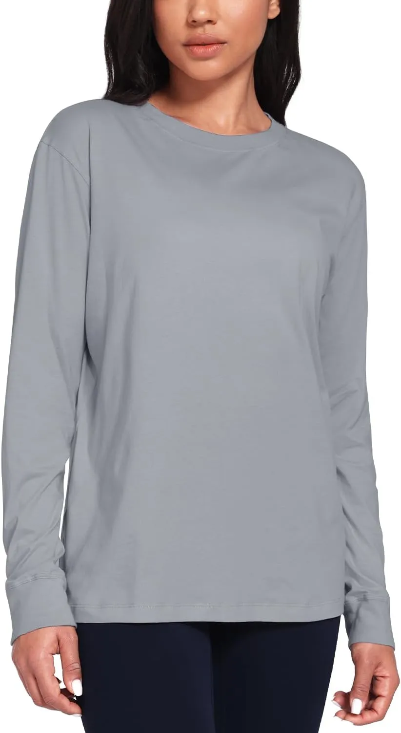 HeyNuts Pima Cotton Workout Long Sleeve Shirts for Women Crew Neck Athletic Basic Shirts Casual Tops