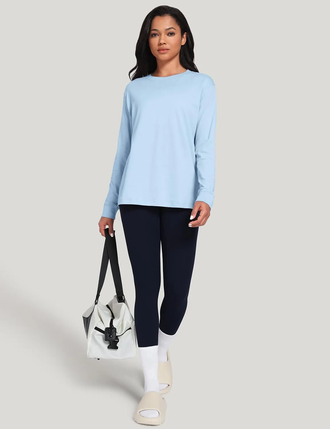HeyNuts Pima Cotton Workout Long Sleeve Shirts for Women Crew Neck Athletic Basic Shirts Casual Tops