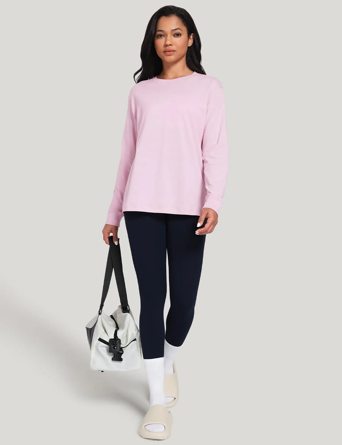 HeyNuts Pima Cotton Workout Long Sleeve Shirts for Women Crew Neck Athletic Basic Shirts Casual Tops