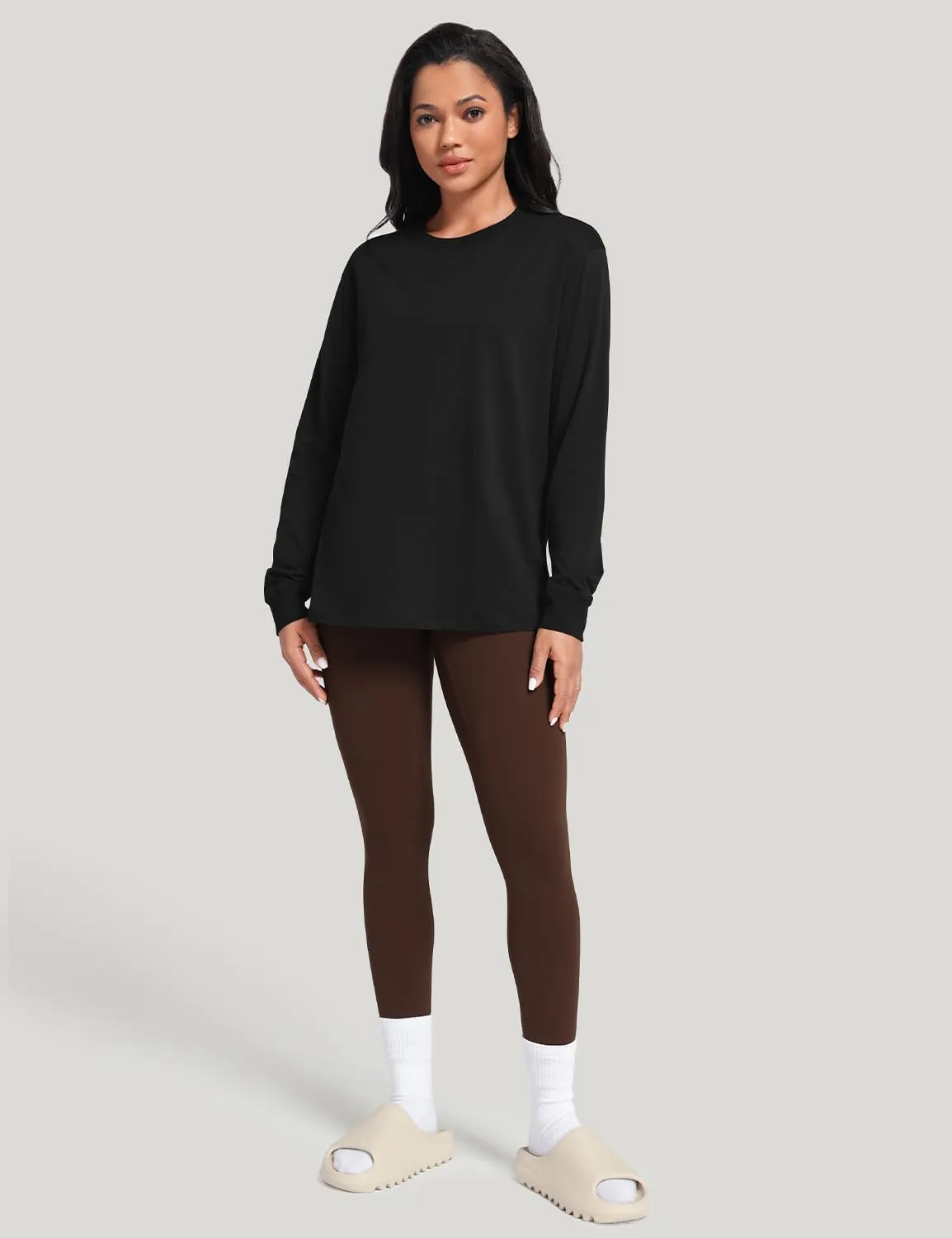HeyNuts Pima Cotton Workout Long Sleeve Shirts for Women Crew Neck Athletic Basic Shirts Casual Tops