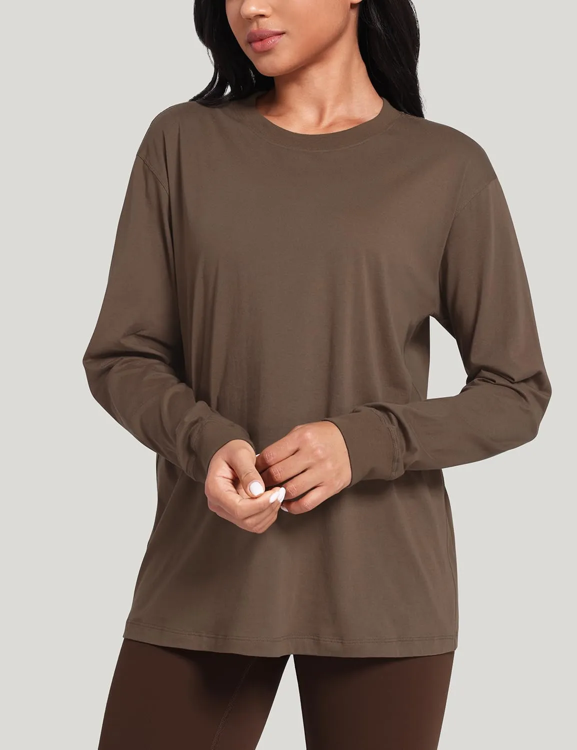 HeyNuts Pima Cotton Workout Long Sleeve Shirts for Women Crew Neck Athletic Basic Shirts Casual Tops