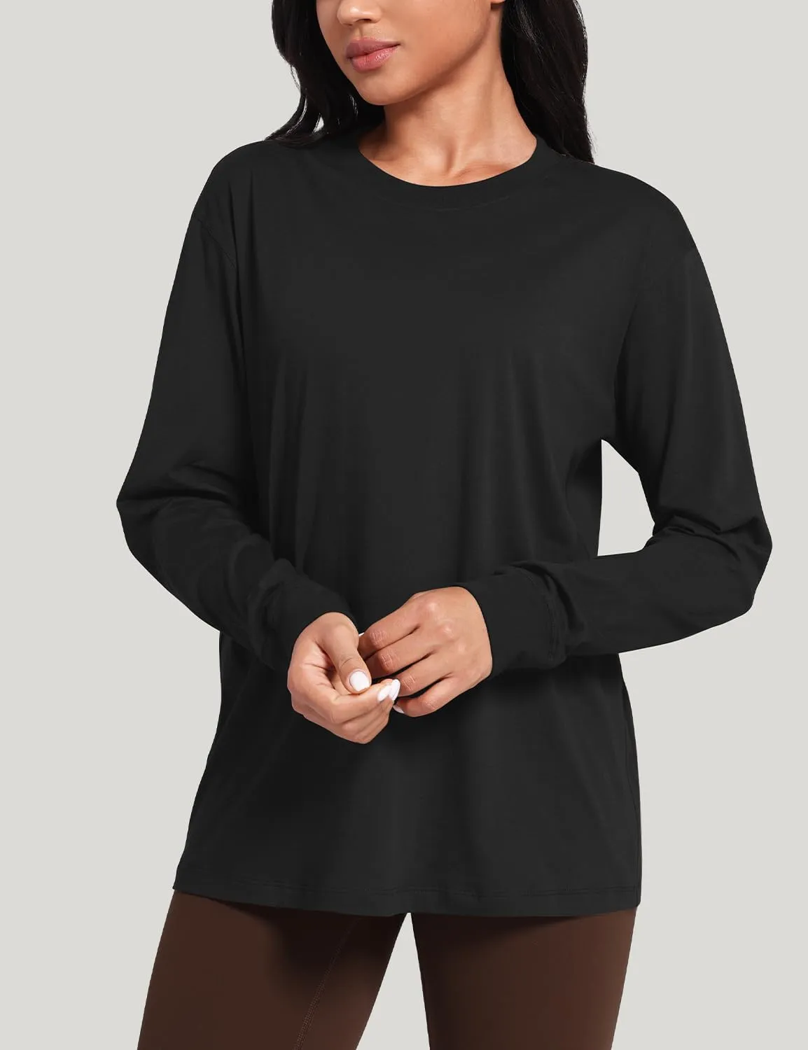 HeyNuts Pima Cotton Workout Long Sleeve Shirts for Women Crew Neck Athletic Basic Shirts Casual Tops