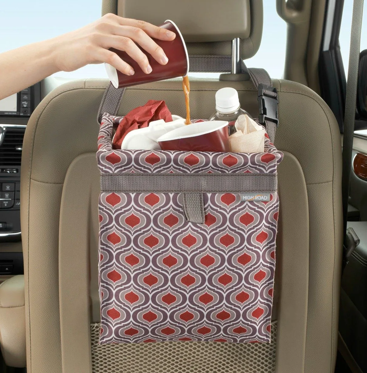 High Road TrashStash Hanging Car Trash Can and Garbage Bag with Push-Close Cover and Waterproof Bin for Cars, SUVs and Trucks (Sahara, 3 Gallon)