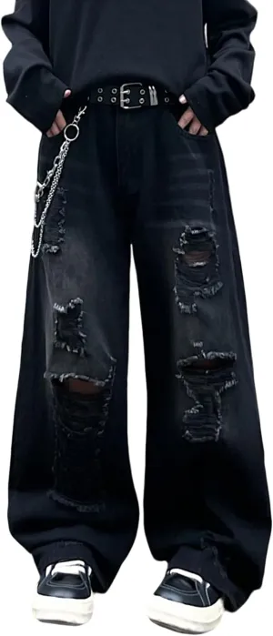 Hip Hop Baggy Jeans for Men Stylish Wide Leg Skater Jeans Loose Fit Denim Pants Streetwear