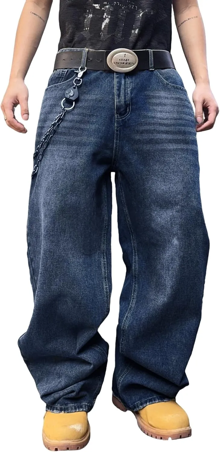 Hip Hop Baggy Jeans for Men Stylish Wide Leg Skater Jeans Loose Fit Denim Pants Streetwear