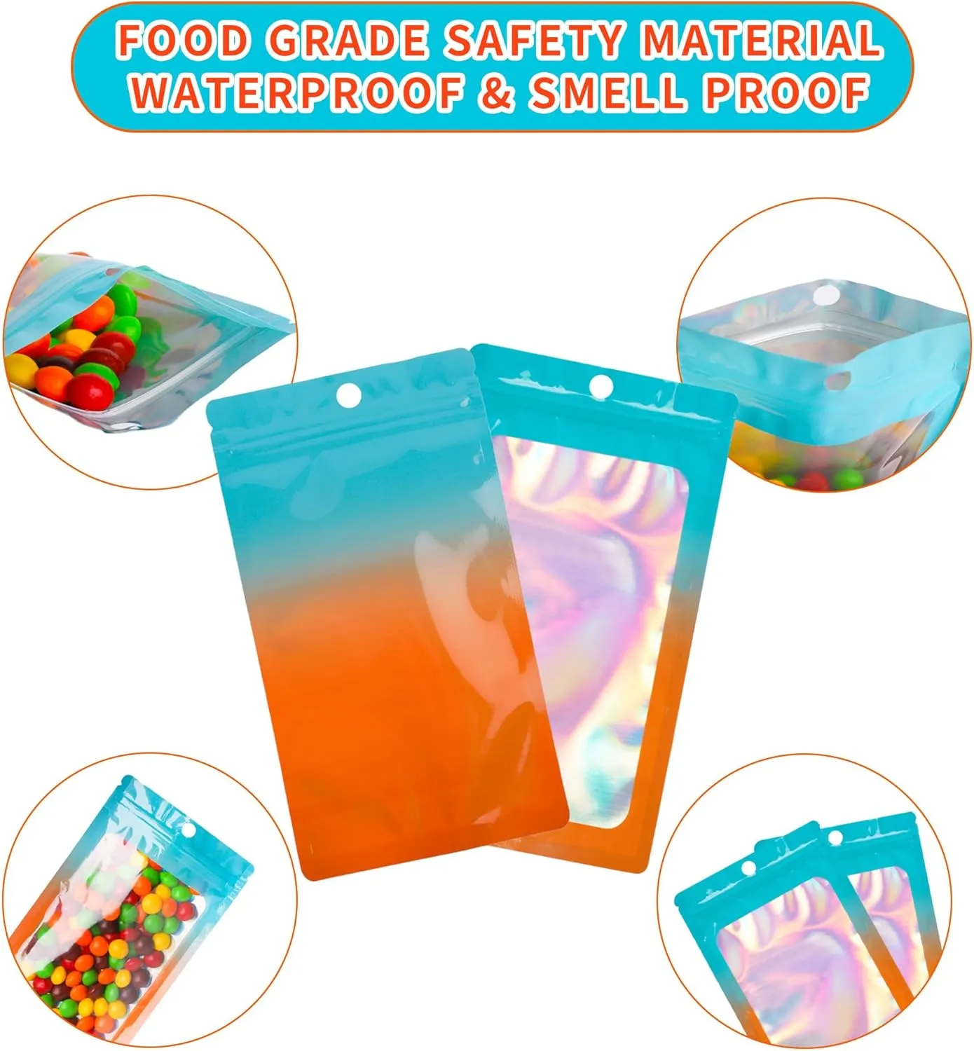 Holographic Mylar Bags 4.3 * 7.1, 100 PCS Party Favor Bags, Resealable Smell Proof Bags for Small Business, Candy, Food Packaging Bag, Jewelry Pouches, Gradient Foil Bag(Blue Orange")