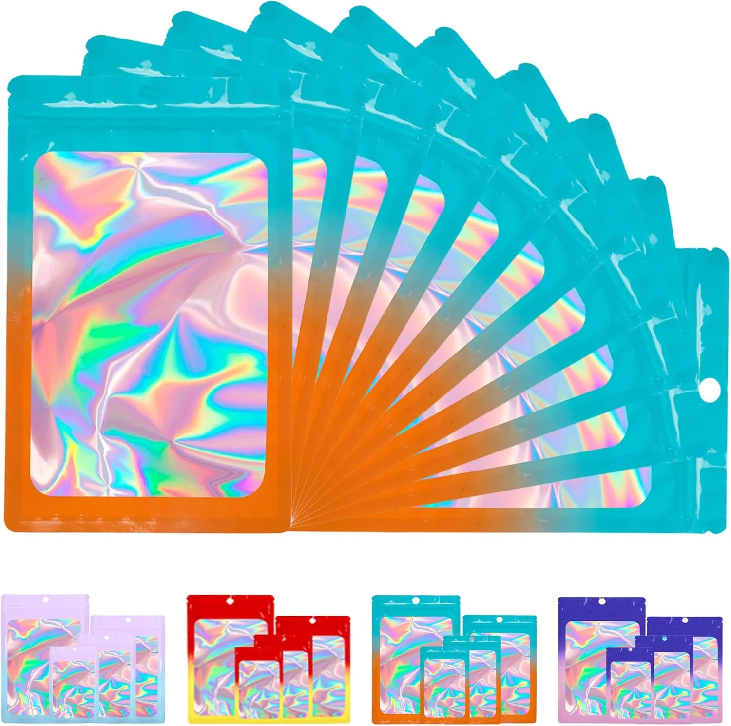 Holographic Mylar Bags 4.3 * 7.1, 100 PCS Party Favor Bags, Resealable Smell Proof Bags for Small Business, Candy, Food Packaging Bag, Jewelry Pouches, Gradient Foil Bag(Blue Orange")