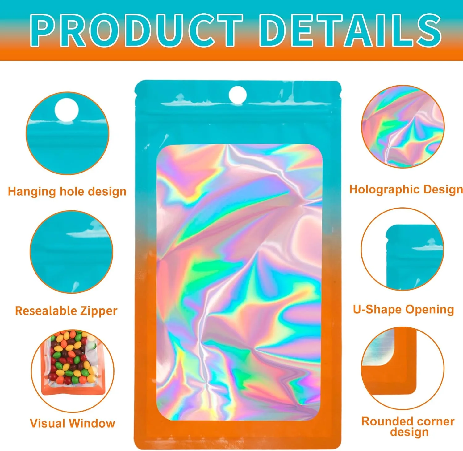 Holographic Mylar Bags 4.3 * 7.1, 100 PCS Party Favor Bags, Resealable Smell Proof Bags for Small Business, Candy, Food Packaging Bag, Jewelry Pouches, Gradient Foil Bag(Blue Orange")