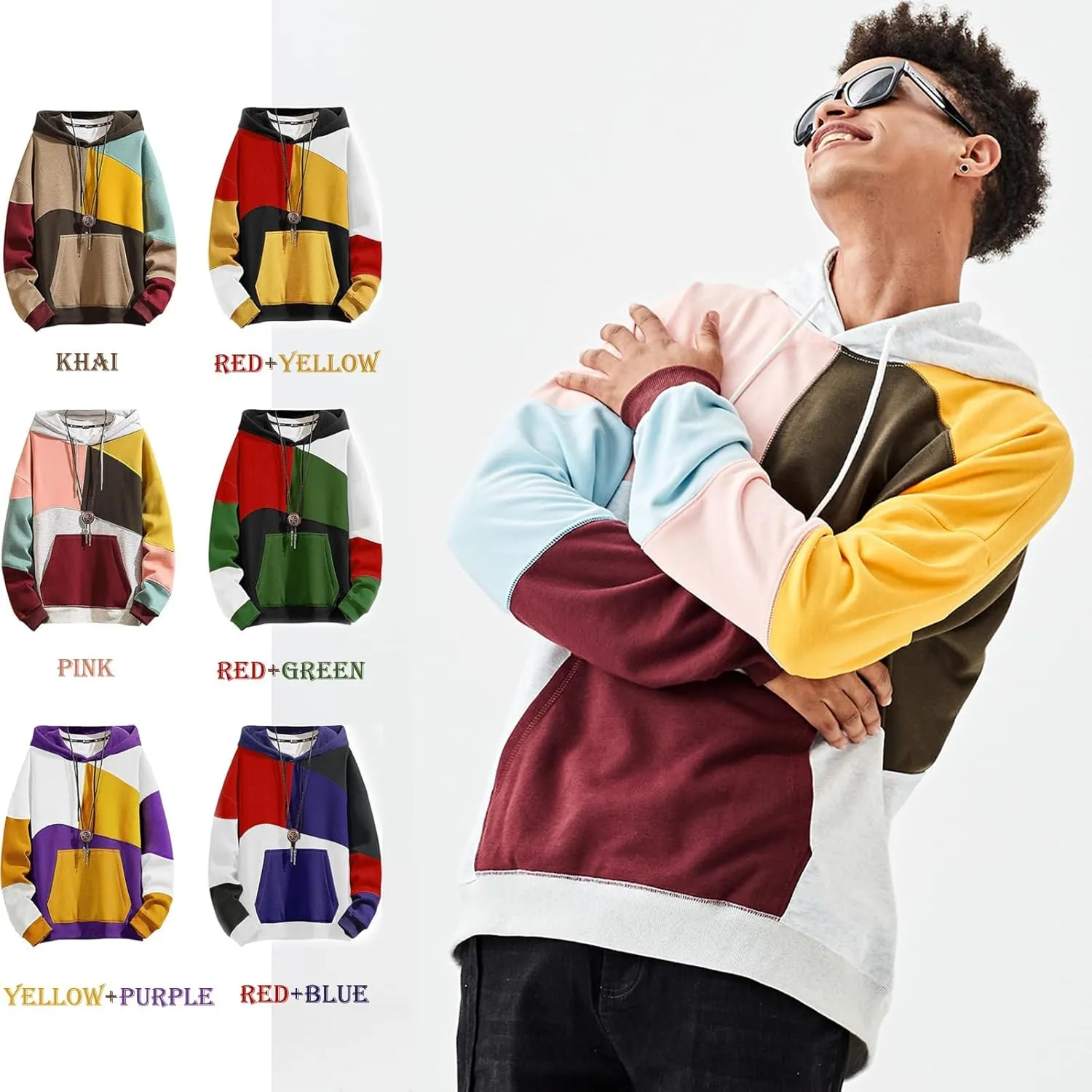 Hoodies for Men Color Block Hoodie with Design Hip Hop Colorful Hooded Pullover Novelty Sweatshirt