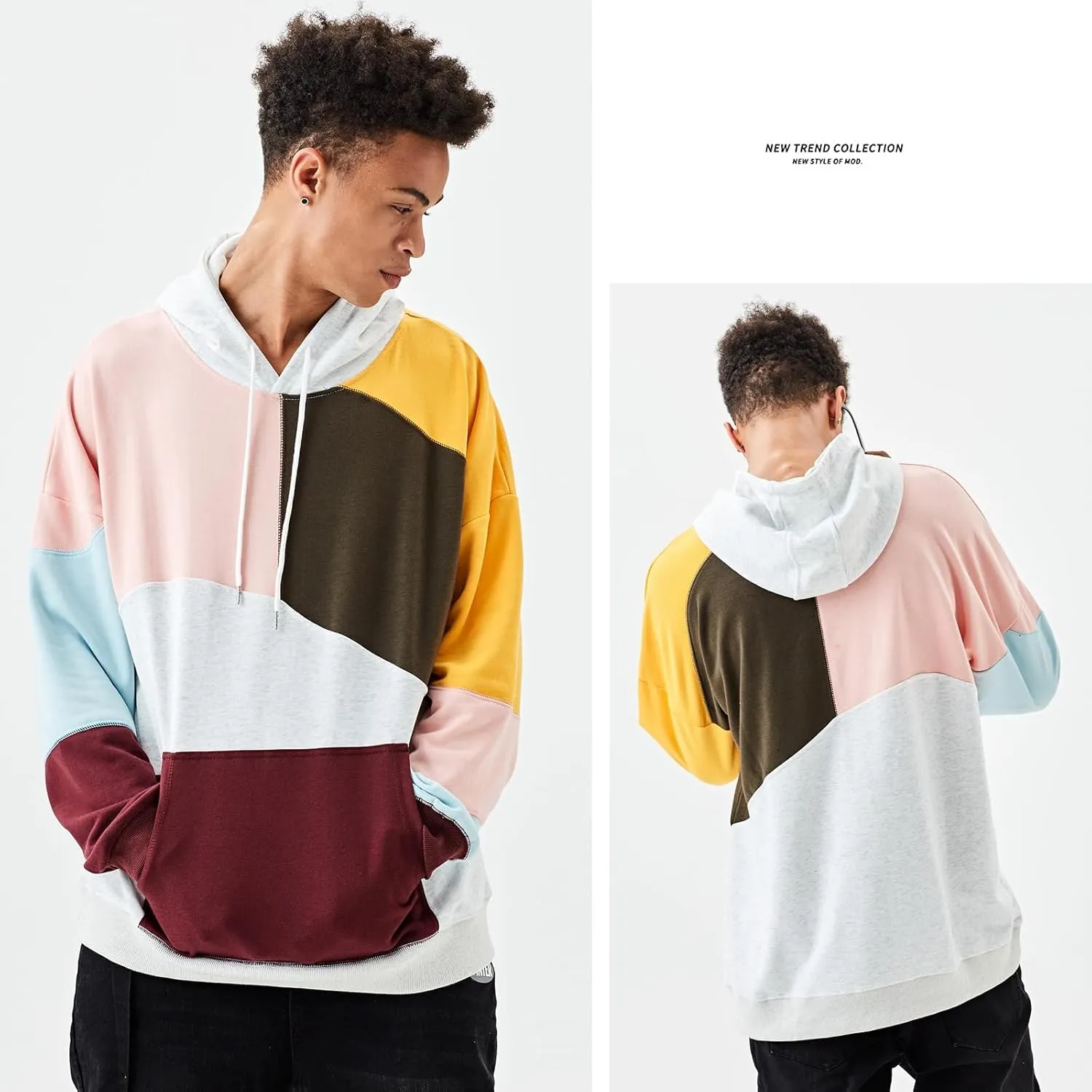 Hoodies for Men Color Block Hoodie with Design Hip Hop Colorful Hooded Pullover Novelty Sweatshirt